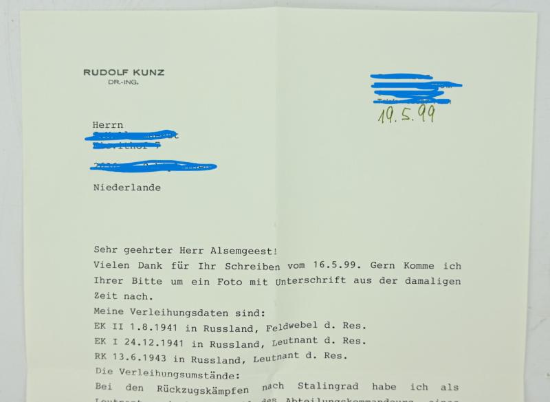 Signature of Wehrmacht Heer KC Recipient 'Rudolf Kunz'