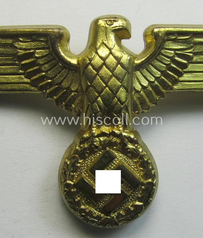 Superb - bright-golden-coloured- and/or: 'Feinzink'-based (political-style) visor- (ie. 'Schirmmützen'-) cap-eagle being a detailed example that is neatly: 'RzM' and/or 'M1/72' marked on its back