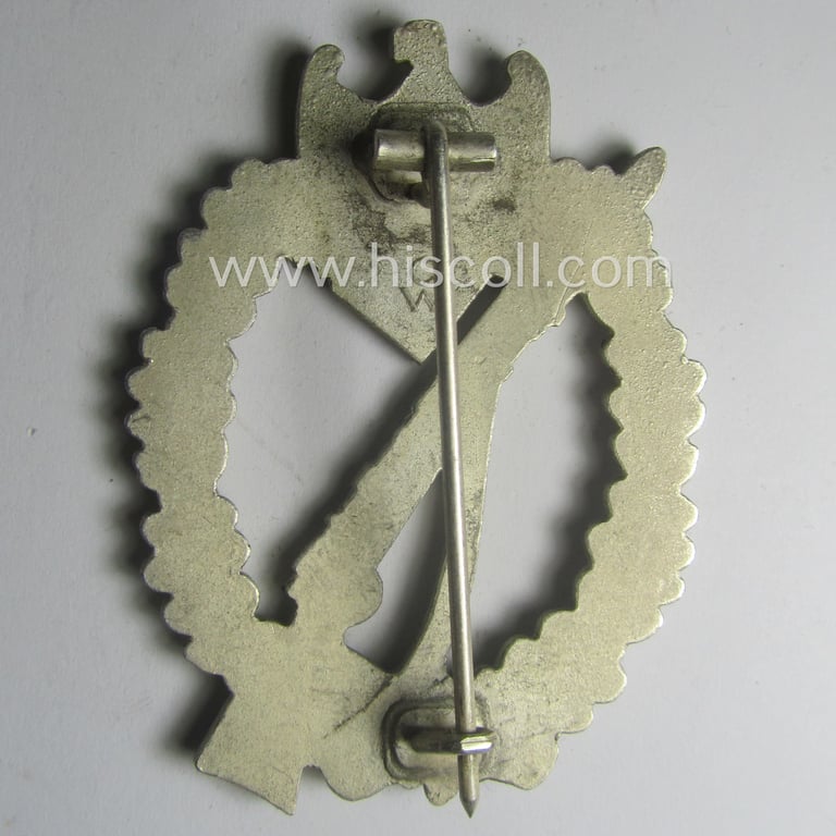 Attractive, 'Infanterie-Sturmabzeichen in Silber' (or: silver-class infantry-assault badge ie. IAB) being a neatly maker- (ie. 'C.W'- or: 'Carl Wild'-) marked example as executed in truly 'frosted', silverish-coloured 'Feinzink'