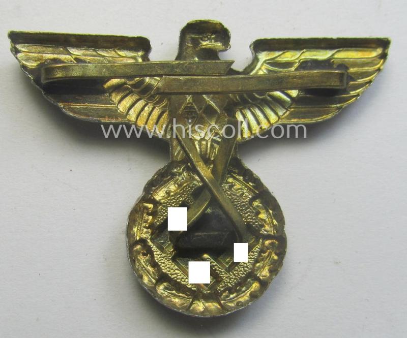 Bright-golden-toned- (and zinc- ie. 'Feinzink'-based) smaller-sized, political-style visor- (ie. 'Schirmmützen' cap-eagle being a detailed example that shows an: 'A' (ie. 'Assmann & Sohne'-) makers'-designation