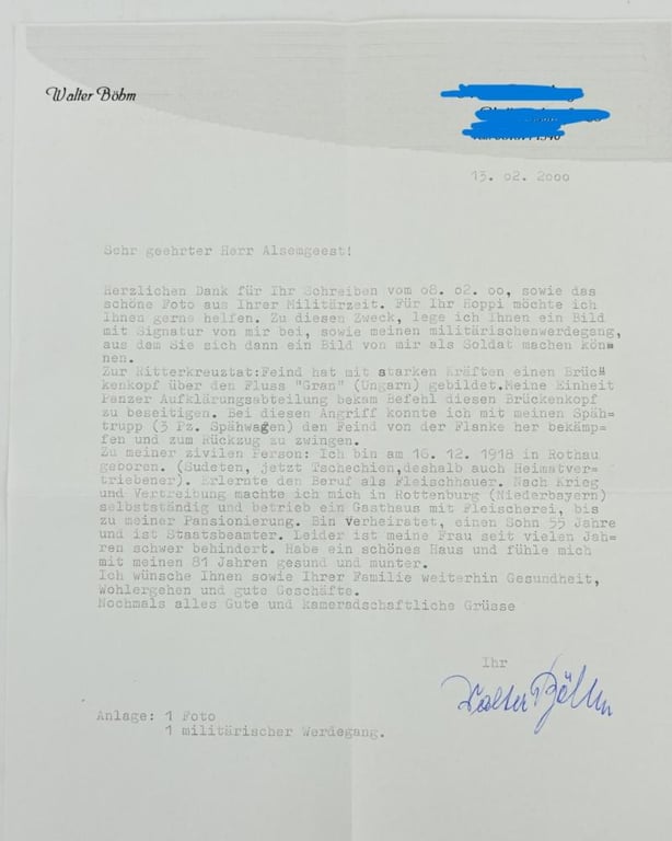 Signature of Wehrmacht Heer KC Recipient 'Walter Böhm'