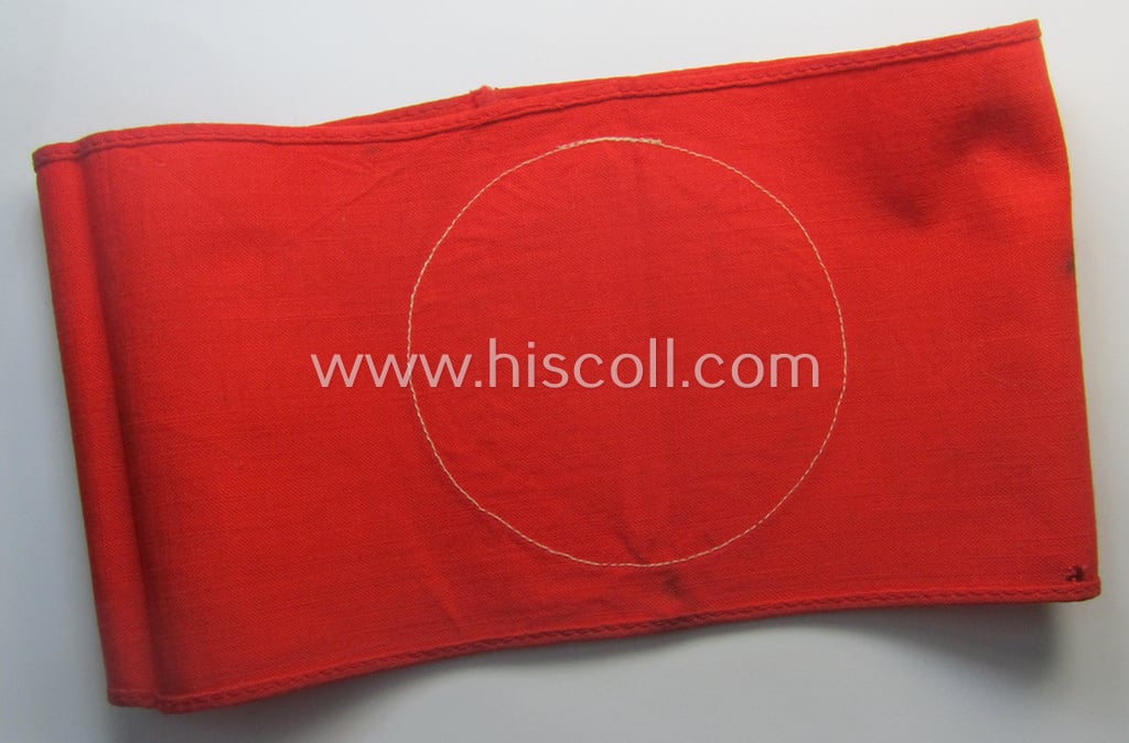 Moderately used and/or worn, linnen-based armband (ie. 'Armbinde') as was intended for usage by the staff of the: 'SA-Wehrmannschaften' (being a worn example that still retains its period-attached 'RzM'-etiket)