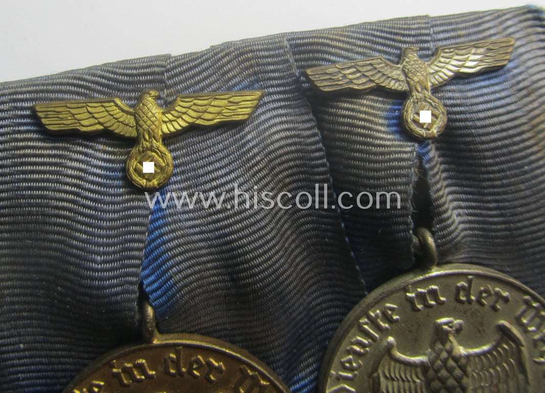 2-pieced medal-bar (ie. 'Spange') showing two: WH (Heeres o. Kriegsmarine) so-called: 'Dienstauszeichnungen für 4 u. 12 Jahre Treue Dienste' that both come period-mounted as a so-called: 'Doppelspange'