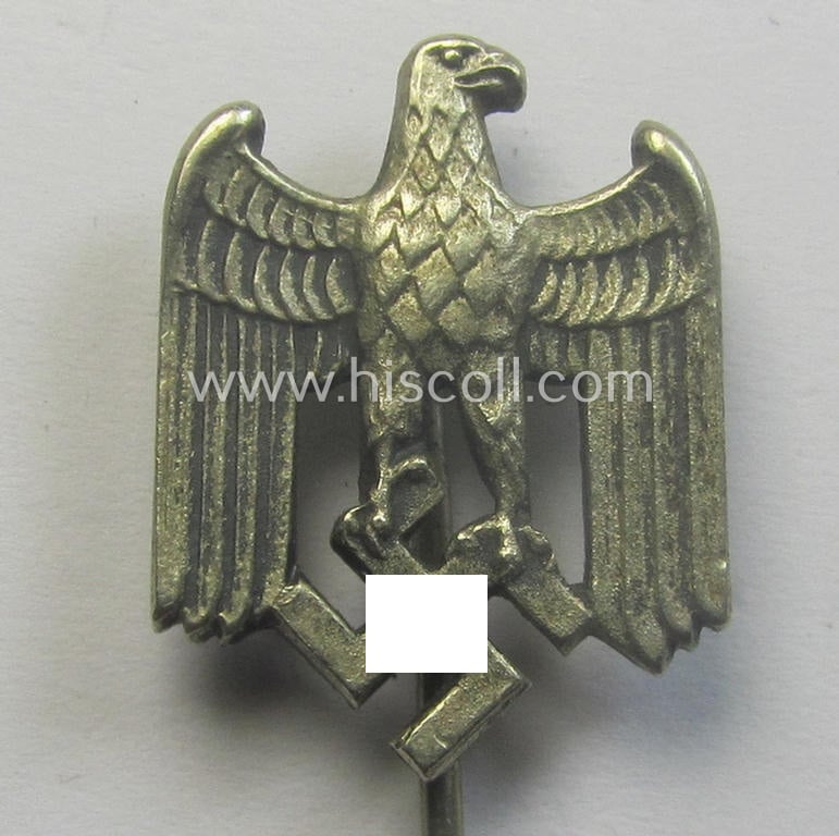 Silver-toned- (and: 'Buntmetall'-based) WH (Heeres) so-called: 'Zivilabzeichen' (or: army civil-attire badge) being a very detailed (albeit non-maker-marked) example that comes mounted onto its long-sized pin