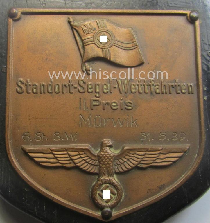 Golden-bronze-toned, so-called: 'nichttragbarer Ehrenpreis' (ie. commemorative-plaque) showing the (partly engraved) text: 'Standort-Segel-Wettfahrten - II. Preis - Mürwick - 28.St.S.W. - 31.5.39'