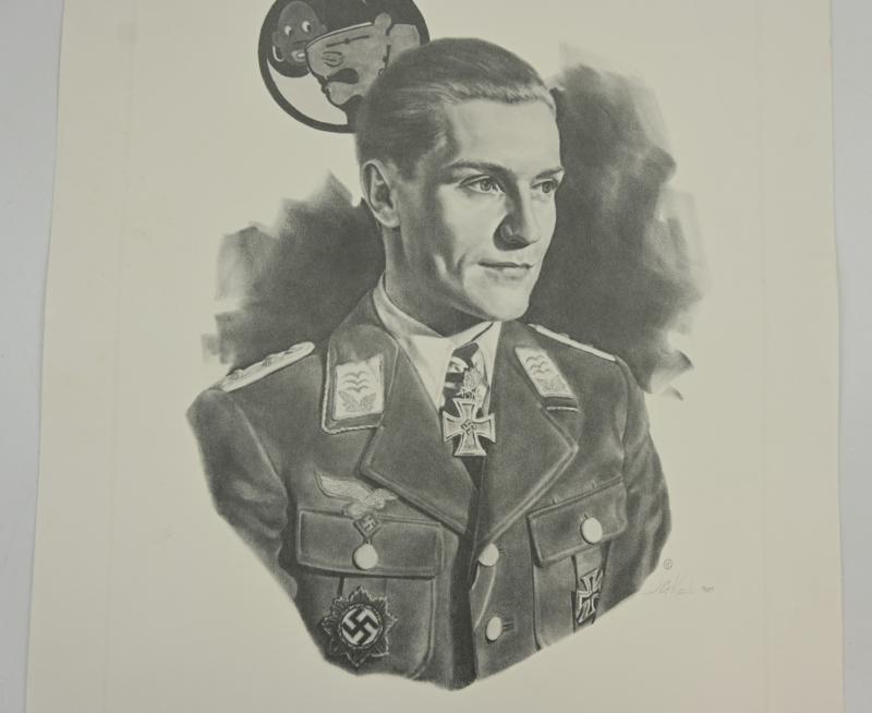 German Litho Print of LW Flight Ace 'Hans-Joachim Marseille'
