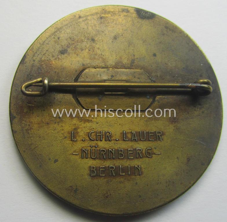 Commemorative - and fairly luxuriously-styled! - golden-bronze-toned SA- (ie. 'Sturmabteilungen'-) related 'tinnie' being a maker-marked example showing an: 'SA-Sportabzeichen' and text: 'Sport- u. Wehrwettkämpfe - SA-Gruppe Bayer. Ostmark - 1...