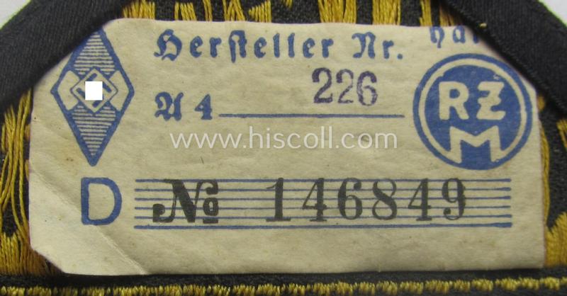 'HJ' ('Hitlerjugend') district-triangle (ie. 'Gebietsdreieck') entitled: 'West Mittelrhein' (being a hardly used- ie worn example that still retains its period-attached 'RzM'-etiket)