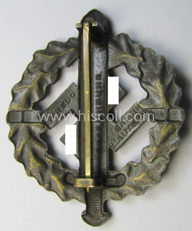 Neat - and just moderately used! - early- (ie. mid-) war period example of an: 'SA-Sportabzeichen in Bronze' being a nicely maker- (ie. 'W. Redo - Saarlautern'-) marked example that is void of an an impressed bearers'-number