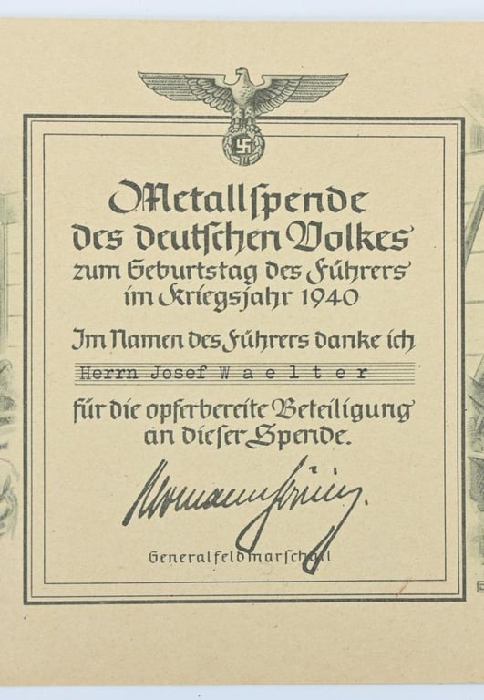 German Third Reich Metall Collection Certificate