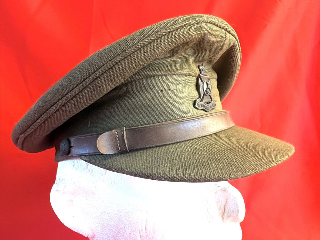 BRITISH WWII WILTSHIRE REGIMENT OFFICERS VISOR CAP, BELT AND CROSS STRAPS.