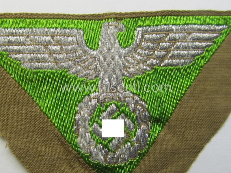SA-related cap-eagle as was intended for the: 'Lagermütze' (ie. side-cap) being an example as woven in bright-green on a brownish-coloured background and as such intended for members within the: 'SA-Gruppe Pommern o. Thüringen'