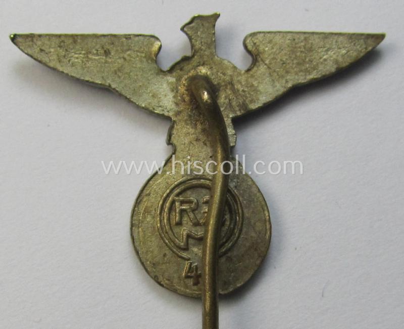 Early-pattern - silverish-coloured and truly very detailed! - so-called: 'N.S.D.A.P.'-supporter- (ie. membership-) lapel-pin (ie. 'tie'-pin) being a maker- (ie. 'RzM 42'-) marked example showing a pronounced (early pattern) 'Reichsadler'-devi...