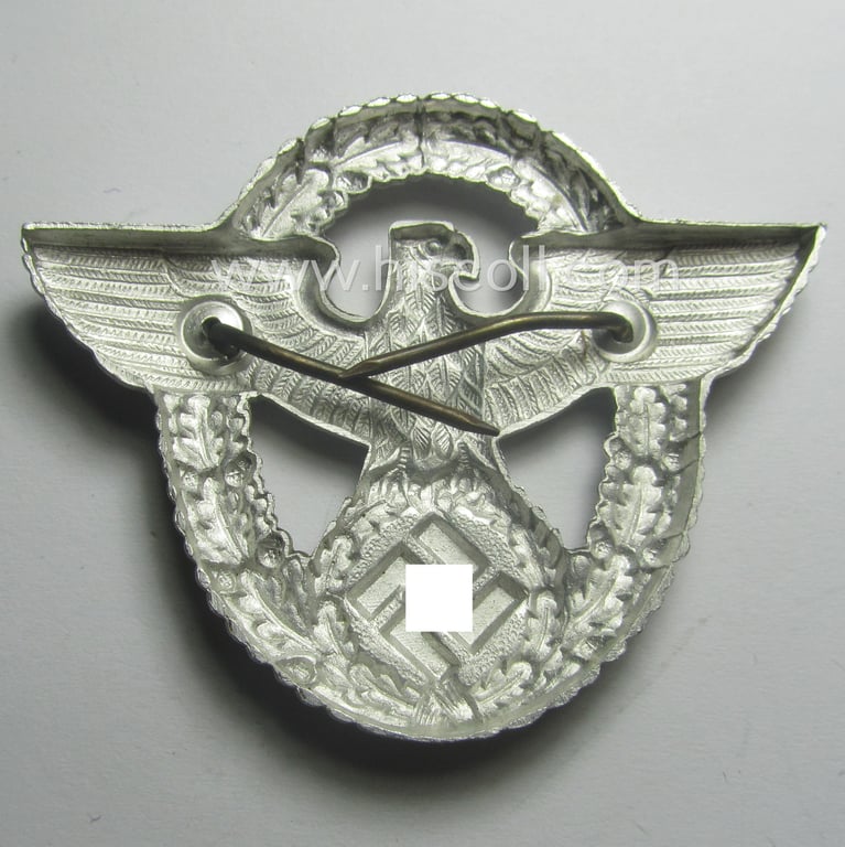 'Standard-issue'-pattern - and typical aluminium-based - 'Polizei'- (ie. police) visor-cap eagle being a bright-silver-coloured (albeit non-maker-marked) example as was intended for usage on the various 'Polizei' (ie. police) visor-caps