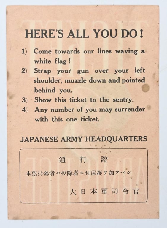 Japanese WW2 Propaganda Leaflet "Ticket to Armistice'