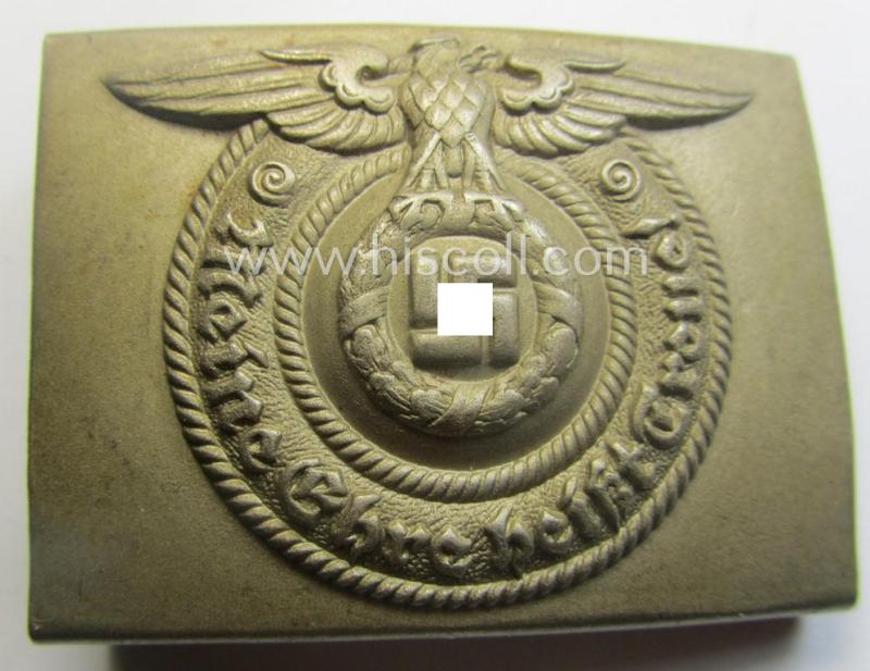 Early-period- SS- (ie. Allgemeine-SS o. Waffen-SS) EM- (ie. NCO-) type belt-buckle (being a typical, nickle-chrome-based- and/or: 'D.R.G.M.'-marked example that comes in a wonderful (ie. hardly used- nor worn, condition