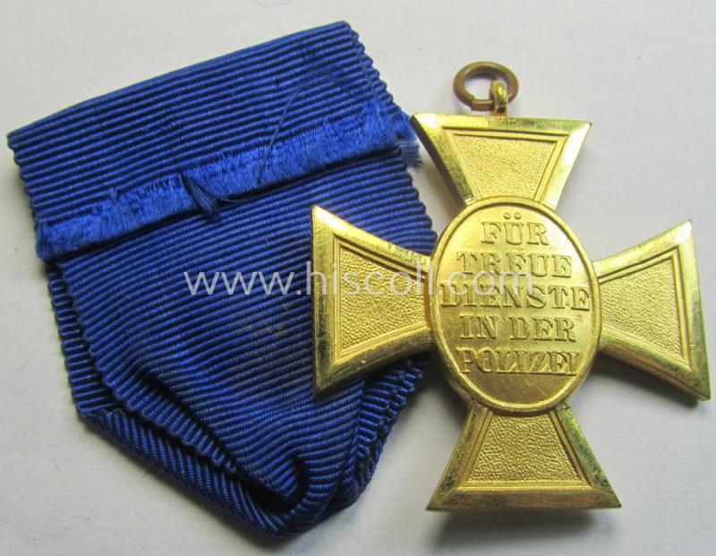 Superb, golden-class 'Polizei-Dienstauszeichnung 1. Stufe' (or: police loyal-service medal first-class) that comes with its accompanying (and scarcely seen!) ribbon (ie. 'Bandabschnitt')