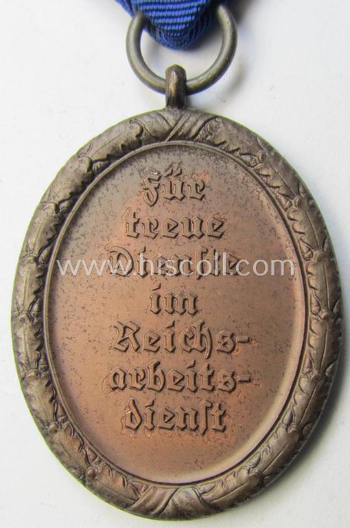 Attractive example of a: RAD (ie. 'Reichsarbeitsdienst'): 'Dienstauszeichnung 4. Stufe für Männer' as was intended for 4 years loyal-service and that comes mounted onto its period (broad-sized) ribbon (ie. 'Bandabschnitt')