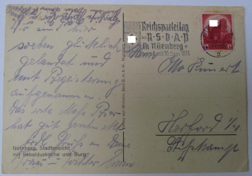 Attractive - and scarcely encountered! - semi-colourfull- ie. N.S.D.A.P.-related-, commemorative-, period-postcard entitled: 'Erinnerung an den Reichsparteitag der N.S.D.A.P. - Nürnberg 5.-10. Sept. 1934' 
