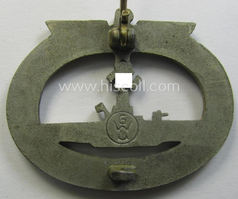 Later-war-period, WH (Kriegsmarine), typical zinc- (ie. 'Feinzink'-) based, so-called: 'U-Bootkriegsabzeichen' (or: U-boat war-badge) being a clearly maker- (ie. 'GWL'-) marked example as was produced by the: 'Gebrüder Wegerhoff'-company