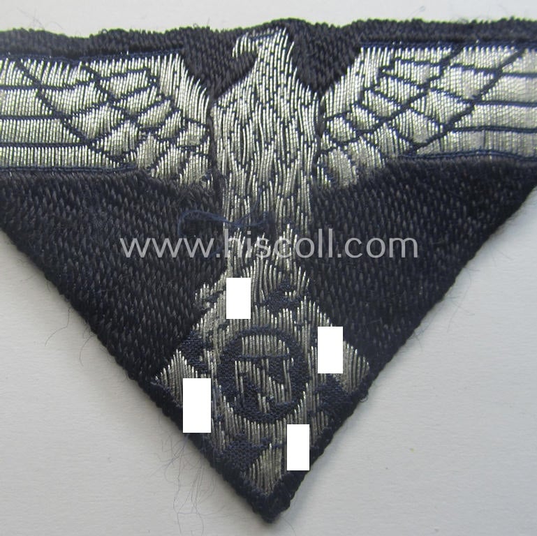 TeNo (ie. 'Technische Nothilfe') officers'-pattern arm-eagle (ie. 'Ärmeladler für Offiziere der TENO') being a (non-maker-marked!) example as executed in 'BeVo'-weave, 'flat-wire'-pattern onto a ('padded') darker-blue-coloured background