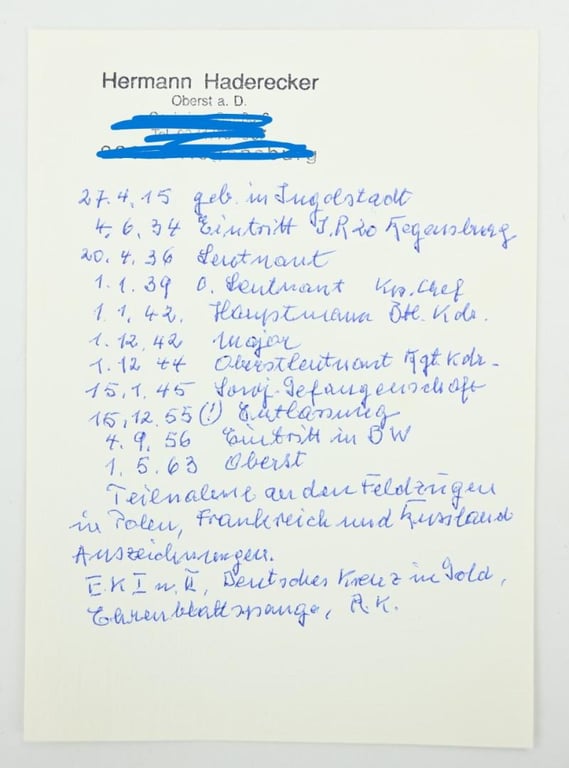 Signature of Wehrmacht Heer KC Recipient 'Hermann Haderecker'