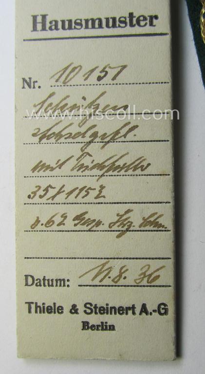 Interesting - and possible unique! - single, TR-period (ie. 1936-dated) 'Schutzenverein'-related shoulderboard being a so-called: 'Müsterstück o. Hausmuster' by the company: 'Thiele & Steinert A.G.'