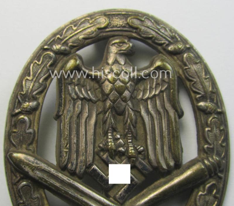 Attractive - and moderately used- ie. worn! - 'Allgemeines Sturmabzeichen' (or: General Assault Badge ie. GAB) being a (typical) unmarked 'Buntmetall'-based and/or scarcely seen 'hollow-back'-version as produced by the: 'Otto Schickle'-compan...