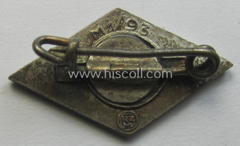 HJ (ie. 'Hitlerjugend') enamelled lapel-pin (ie.: 'Raute') with a: 'RzM - M1/93'-makers'-designation