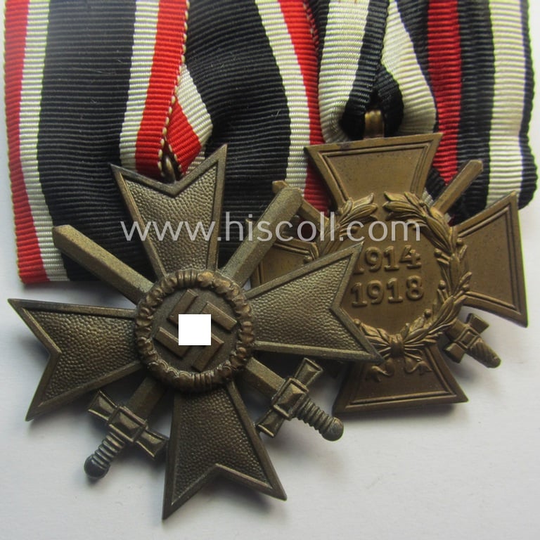 2-pieced, 'WWI'- (ie. TR-) related medal-bar (ie. 'Orden- o. Doppelspange') resp. depicting a: 'Kriegsverdienstkreuz II. Kl. mit Schwertern' and a WWI-period: 'FKK 1914-18 mit Schwn.'