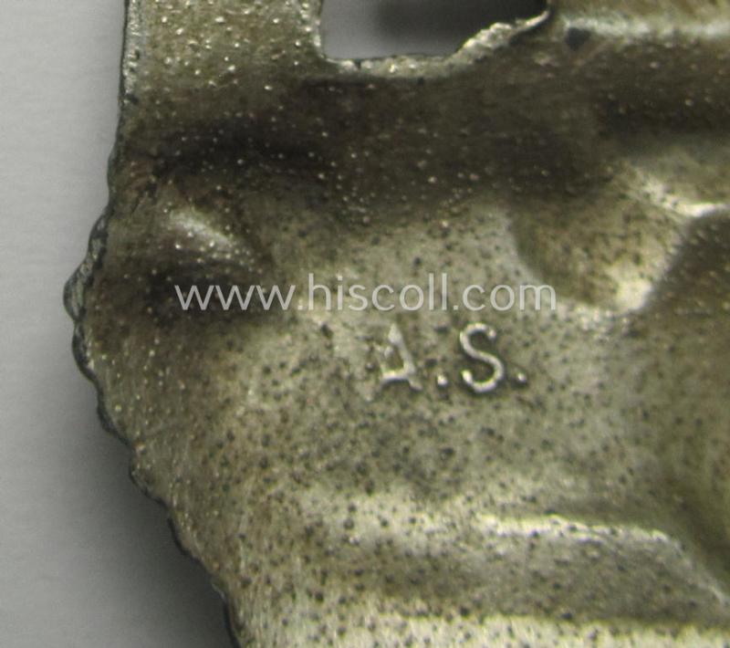 'Panzerkampfabzeichen in Silber' (or: silver-class panzer-assault badge or PAB) being a clearly maker- (ie. 'AS'-) marked- and/or zinc- (ie. 'Feinzink'-) based specimen, as was procuced by the: 'Adolf Scholze'- (ie. 'A.S.'-) company