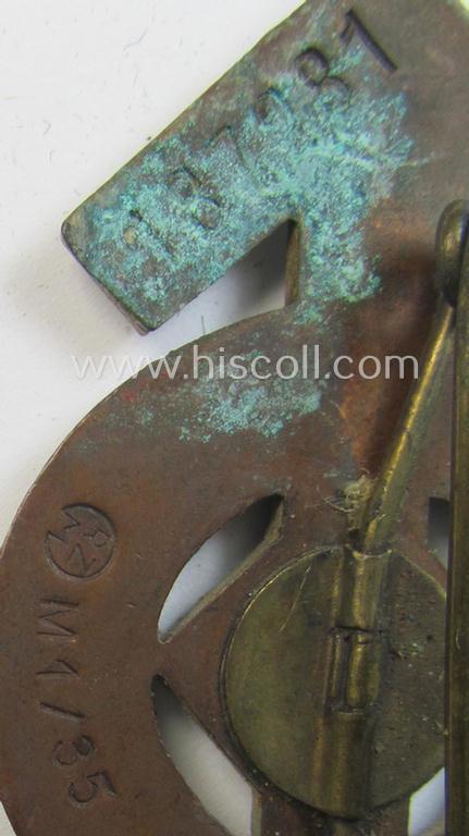 HJ- (ie. 'Hitlerjugend'-) sports-badge (or: 'HJ-Leistungsrune') of the silver-class being a clearly maker- (ie. 'RzM - M1/35'-) marked- and/or: 'Cupal'-based specimen that shows an engraved (unique) bearers'-numeral ('187281')