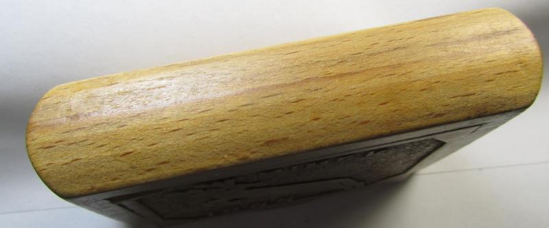 Interesting, later-war-period WH (Luftwaffe-, Heeres etc.-) related, hand-carved and wooden-based  'souvenir'- (ie. cigarette?) box depicting a jumping elk and showing the engraved text: 'Minsk - 1944'