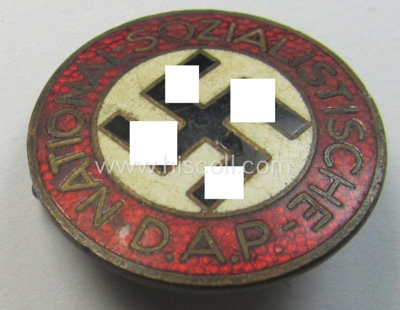 Neat - bright-red-coloured and nicely preserved! - 'N.S.D.A.P.'-membership-pin- ie. party-badge (or: 'Parteiabzeichen') which is maker-marked on its back with the makers'-designation: 'RzM' and/or: 'M1/8'
