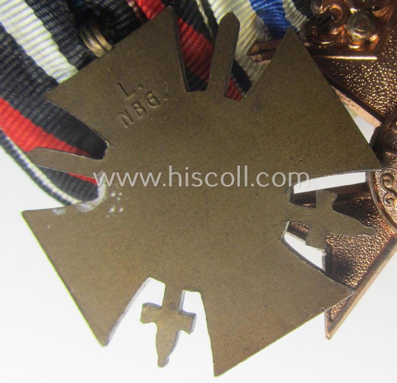 4-pieced, WWI- (ie. TR-) period medal-bar (ie.: 'Ordenspange') resp. showing a WWI-pattern: 'EKII. Kl.', a: 'KvK II.Kl. mit S.', a: 'Bayern Militär-Verdienstkreuz 3. Kl. mit Schwn.' and a: 'FKK 1914-18 mit Schwn.'