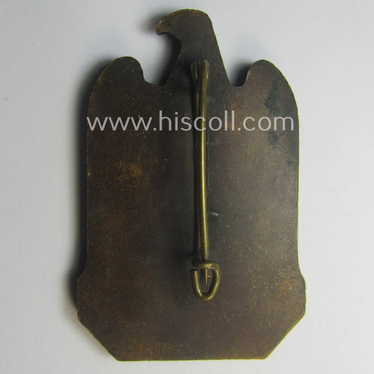 Superb, N.S.D.A.P.-related 'tinnie' (ie. 'Tagungs- o. Veranstaltungsabzeichen'-) being a non-maker-marked, 'solid-back'-pattern and/or golden-bronze-toned example showing the text: 'N.S.D.A.P. Reichsparteitag - Nürnberg 1933'
