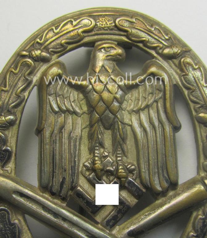 Attractive - and moderately used- ie. worn! - 'Allgemeines Sturmabzeichen' (or: General Assault Badge ie. GAB) being a (typical) unmarked 'Buntmetall'-based and/or scarcely seen 'hollow-back'-version as produced by the: 'Otto Schickle'-compan...