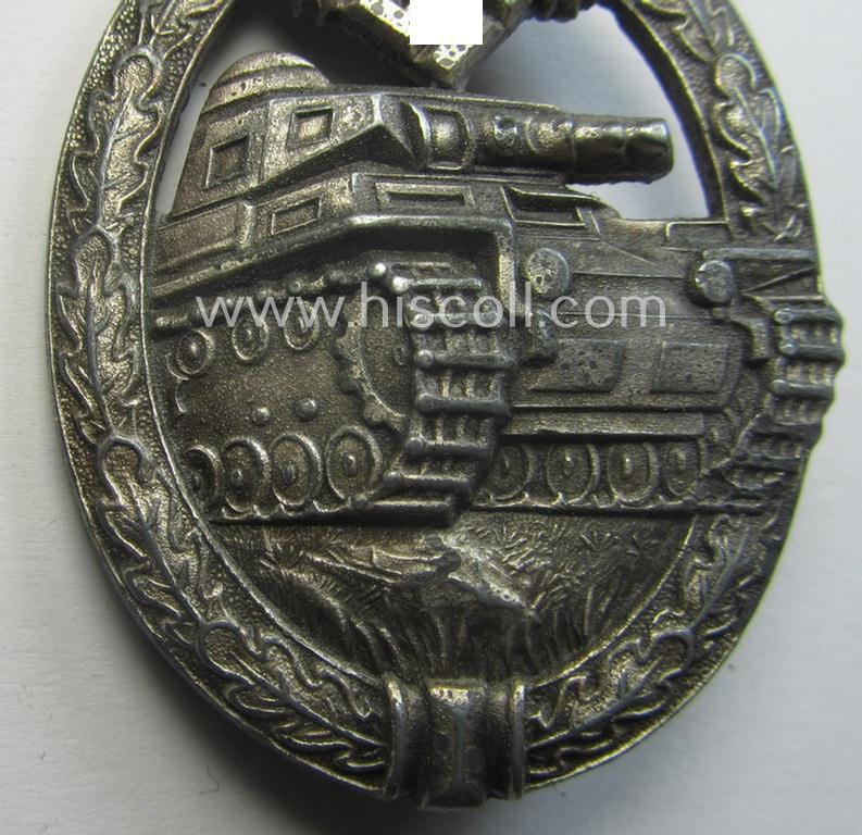 'Panzerkampfabzeichen in Silber' being a neatly maker- (ie. 'HA'-) marked- and/or typical zinc- (ie. 'Feinzink'-) based specimen as was produced by the desirable 'Hersteller' (ie. maker): 'Hermann Aurich'