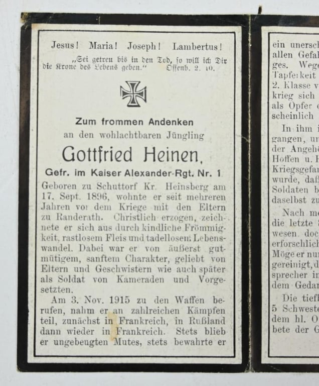 German WW1 Deathcard 'Gottfried Heinen'