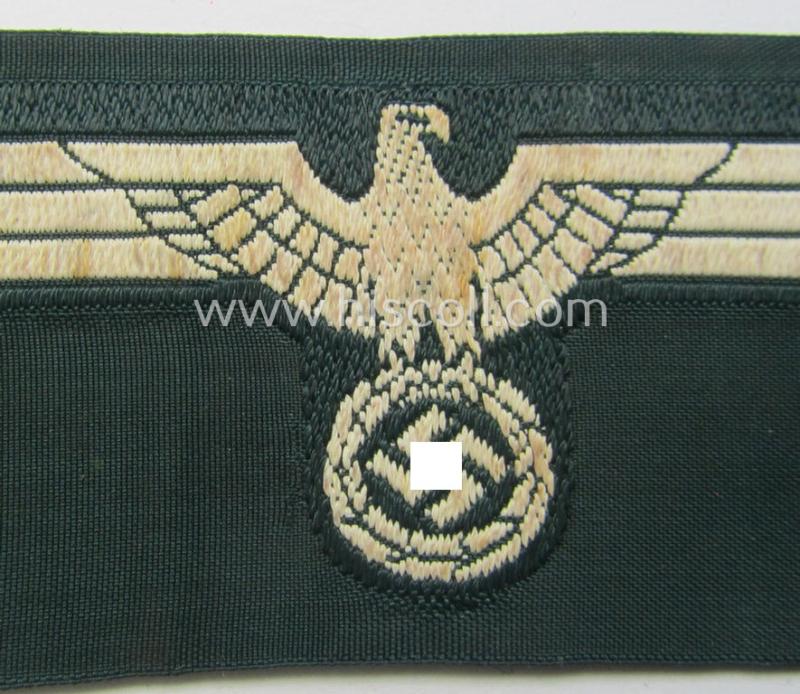 WH (Heeres) pre- (ie. early-) war-period- and/or white-coloured WH (Heeres) type side-cap-eagle as executed in the neat 'BeVo'-weave pattern onto a darker-green-coloured background