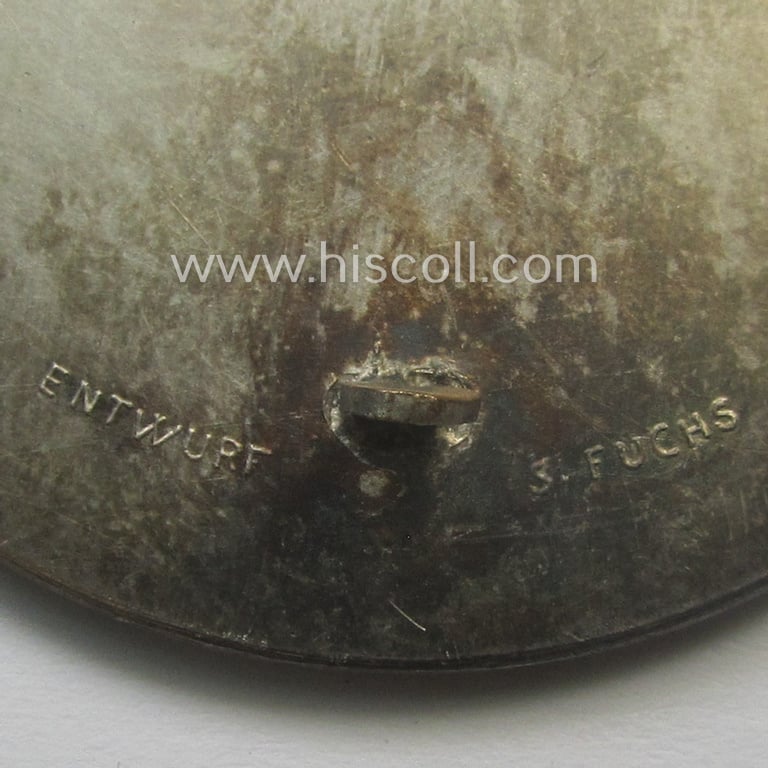 Superb - and with certainty rarely encountered! - bright-silver-toned (and/or typical 'Buntmetall'-based!) N.S.D.A.P.-A.O.-related badge (ie. 'Teilnehmer o. Veranstaltungsabzeichen') entitled: 'Staatsbesuch Adolf Hitlers in Italien 1938'