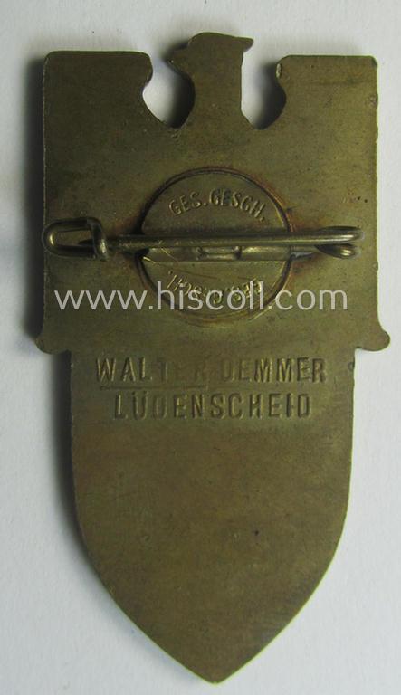 Commemorative - and luxuriously styled! - bright-golden-coloured, N.S.D.A.P.-related 'tinnie' being a maker- (ie. 'Walter Demmer'-) marked example depicting an illustration of an eagle and bearing the text: 'N.S.D.A.P. Gautag - Pommern - 1933'