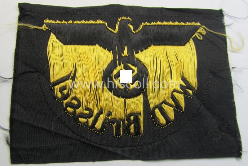 'DRB'- (ie. 'Deutsche Reichsbahn'-) related arm-eagle (ie. 'Ärmeladler') as executed in 'BeVo'-weave style as was intended for an official of the: 'Deutsche Reichsbahn' ie. the: 'WVD Brüssel' (or: 'Wehrmacht-Verkehrsdirektion Brüssel')