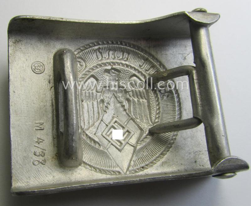 HJ (ie. 'Hitlerjugend') aluminium-based- (and/or 'molded'-pattern) belt-buckle being a maker- (ie. 'RzM M4/38'-) marked example