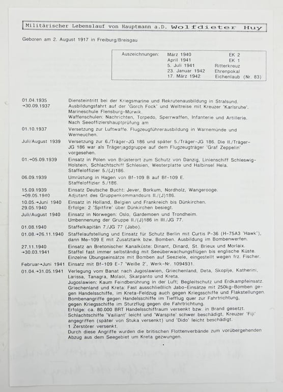 Signature of Luftwaffe KC-OLC Recipient 'Wolfdieter Huy'