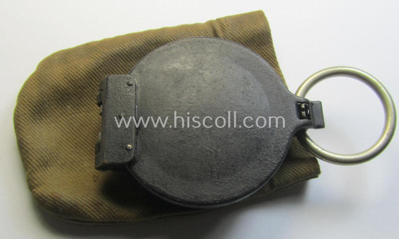 Neat, 'standard-issue'-pattern, black-coloured and/or copper-based WH-compass (ie. 'Marschkompass') being a non-maker-marked example that came stored in its (period) 'Tragetasche'