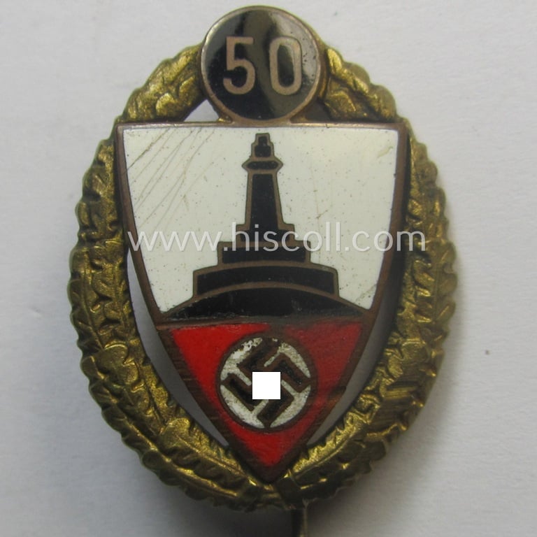 Honorary-membership lapel-pin (aka: 'Goldene Ehrennadel für 50 Jahre Mitgliedschaft im Deutscher Reichskriegerbund Kyffhäuser' (ie. 'D.R.K.B.') being a non-maker-marked example that bears a: 'Ges.Gesch.'-designation on its back