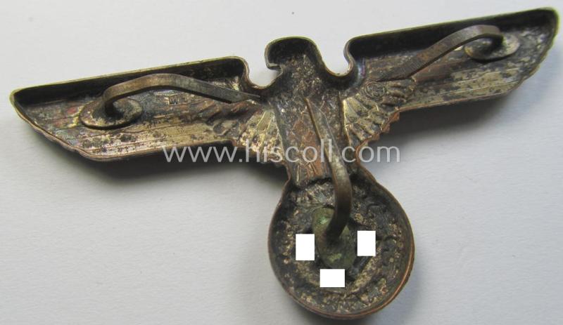 Attractive - and moderately used! - silver-coloured- and/or: typical 'Buntmetall'-based (political-style) visor- (ie. 'Schirmmützen'-) cap-eagle being a detailed example that is neatly: 'RzM' and/or 'M1/72' marked on its back