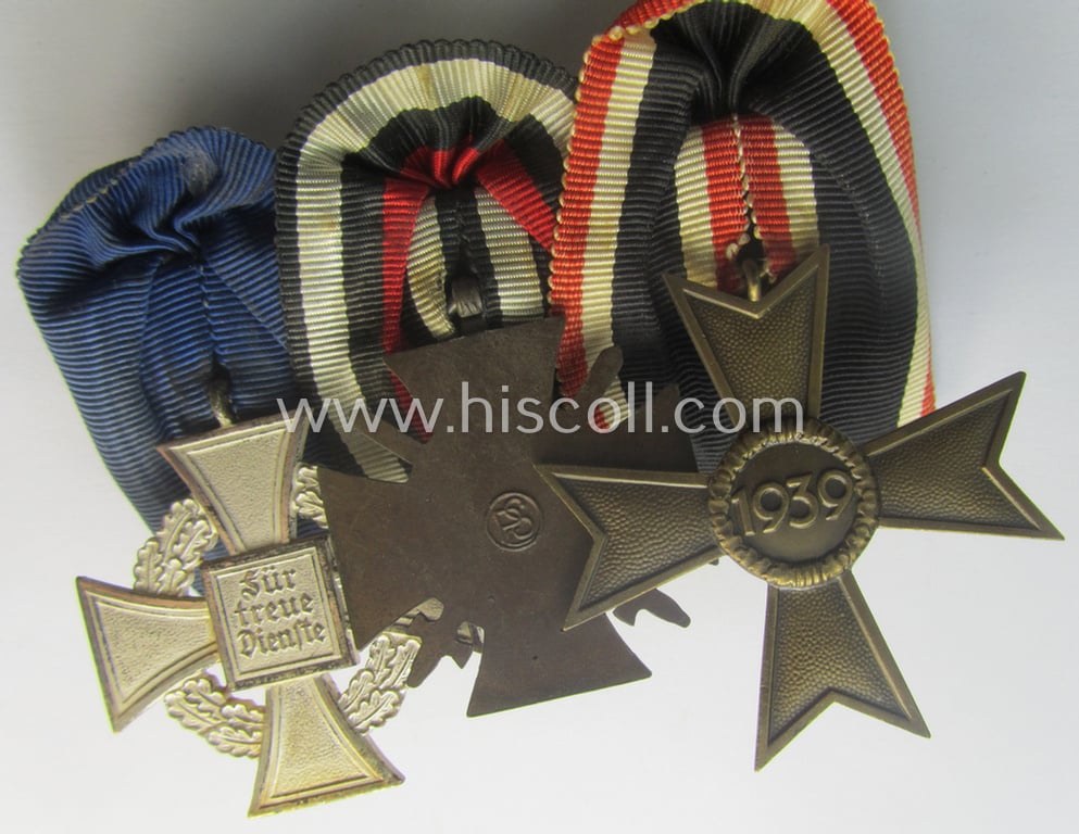 Unusual, 3-pieced 'WWI'- (ie. TR-) related medal-bar (ie. 'Ordenspange') resp. depicting a: 'KvK II. Klasse ohne Schwn.', a: 'FKK 1914-18 mit Schwn.' and a: 'Treuedienst Ehrenzeichen 2. Kl.'
