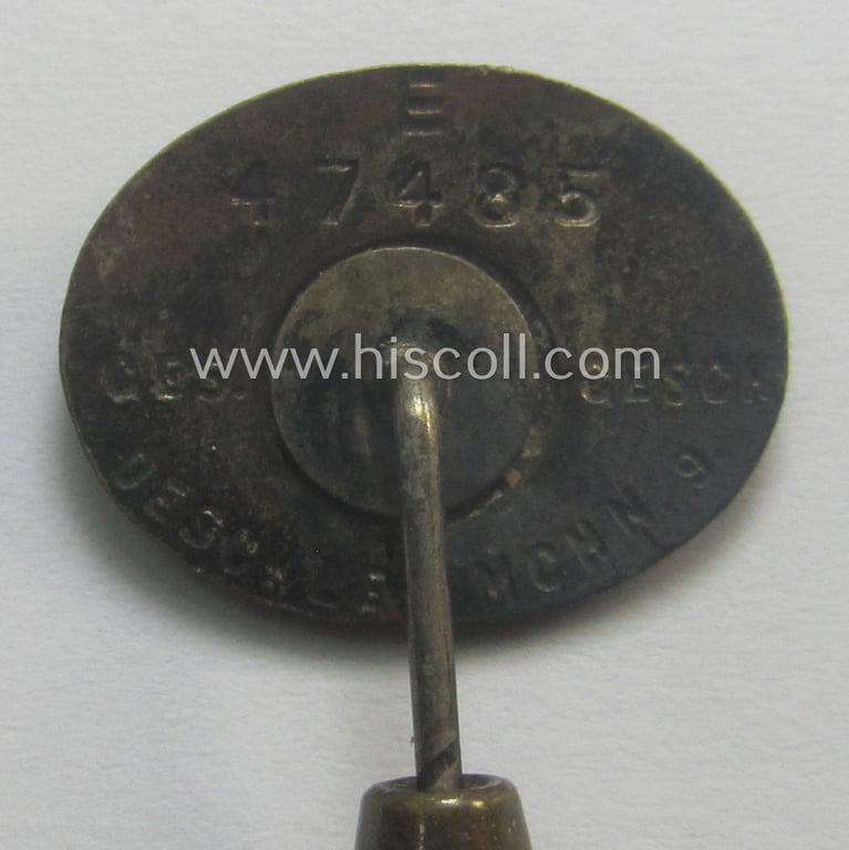 SS (ie. 'Allgemeine SS') civil-attire- ie. supporting-members' lapel-pin (ie. 'förderndes Mitgliedsabzeichen der SS') being a detailed example that shows a clearly-present makers'-designation and unique serial-number ('E 47485')